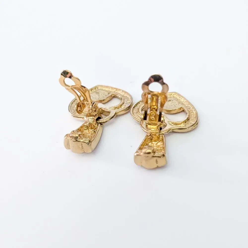 Vintage Clip On Earrings Gold Tone Heart Dangle - Missing Gems